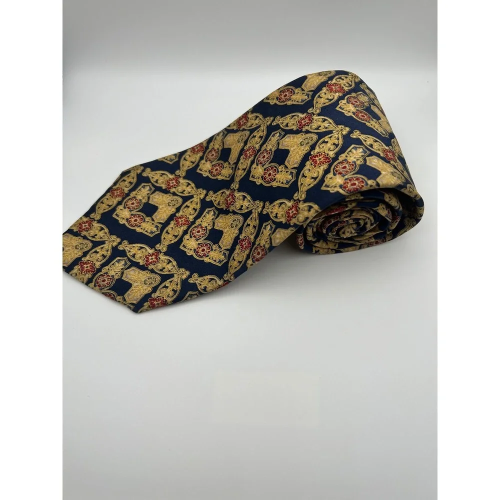 Serati Mens Silk Tie Navy Blue Gold Red Baroque Medallion Handmade Geometric 4in